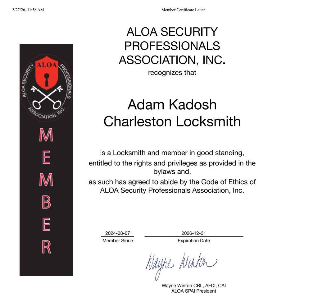 ALOA Security Professionals Association Member Certificate - Charleston Locksmith