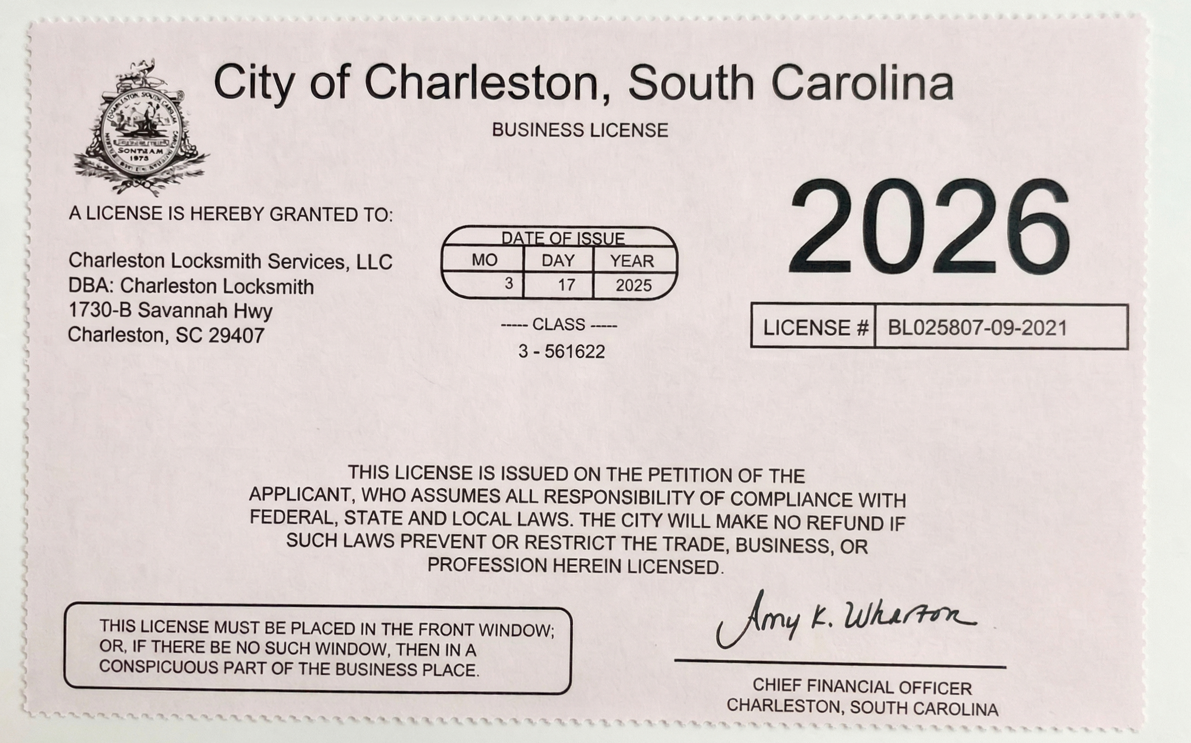 City of Charleston Business License - Charleston Locksmith Services LLC